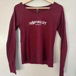 Burgundy long sleeve Hop Valley Brewing Co. shirt
